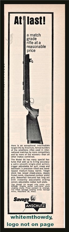 1964 SAVAGE ANSCHUTZ Model 64 Bolt Action Rifle PRINT AD-img-0