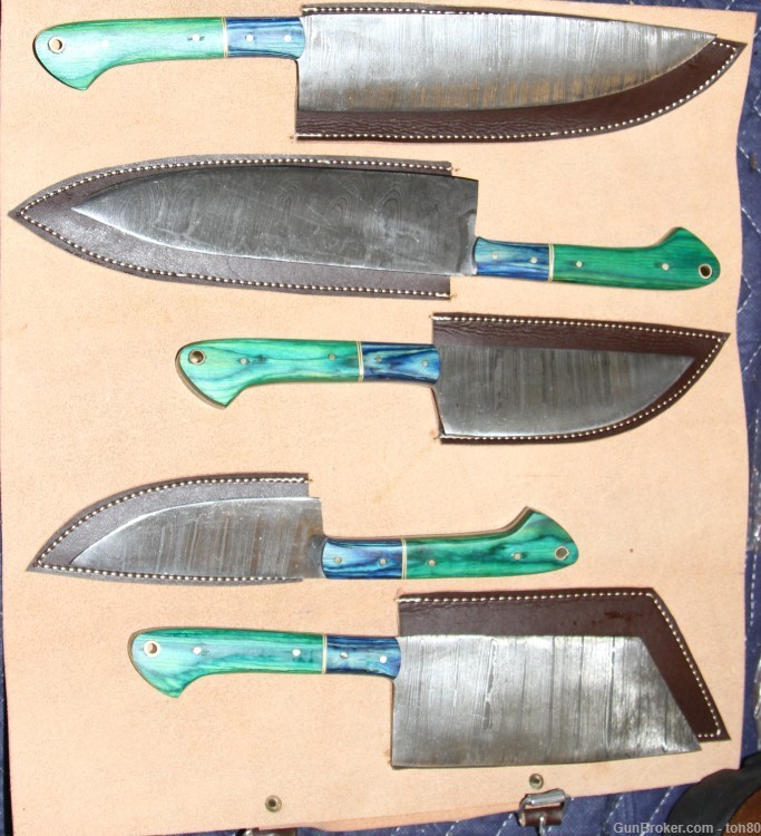HANDMADE DAMASCUS CHEF 5 PIECE KITCHEN SET WITH LEATHER-img-0