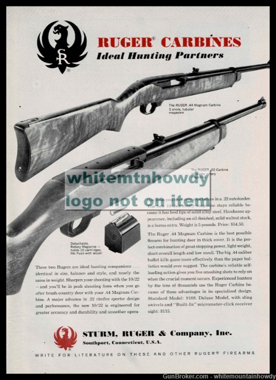 1966 RUGER .44 Magnum and .22 Carbine Original PRINT AD-img-0