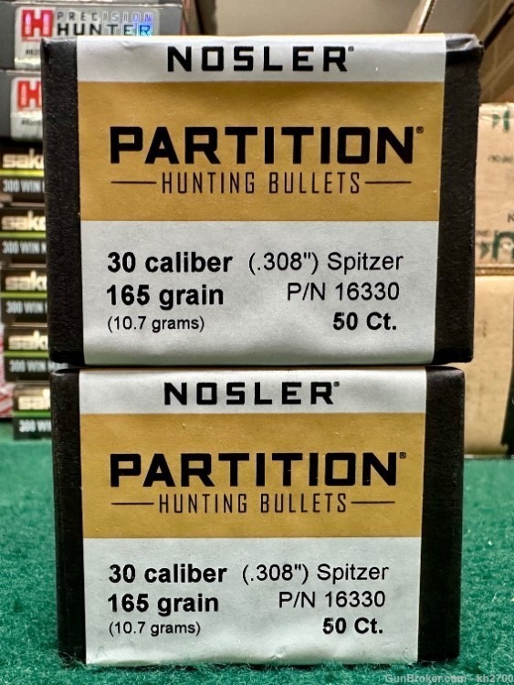 100 .30 cal 165gr Nosler Partition bullets. 2 boxes of 50, 300 Win .308"-img-0