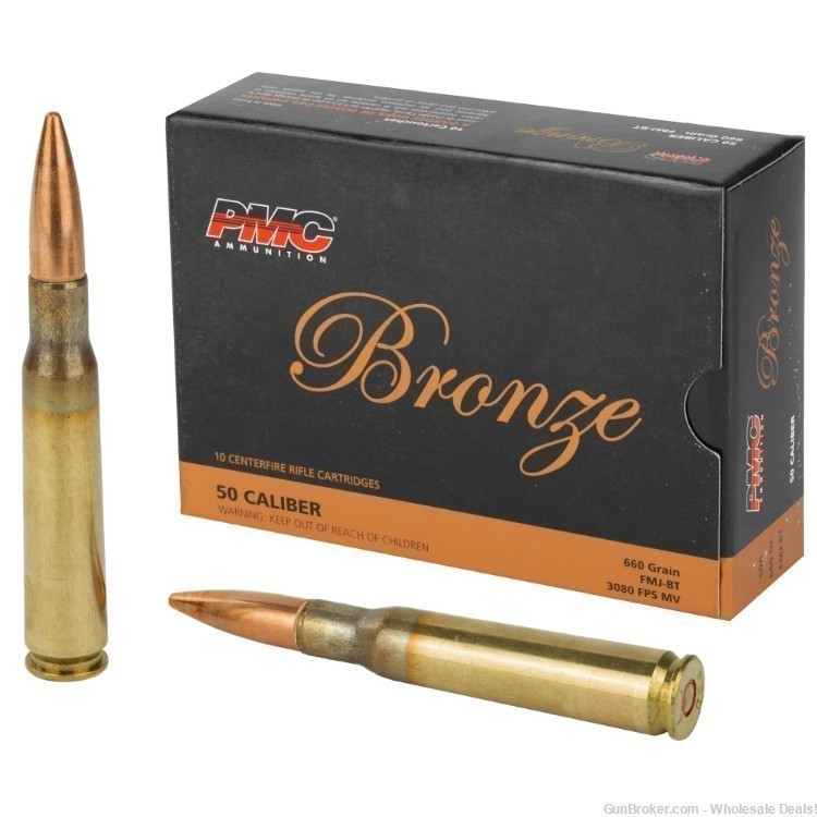 PMC 50 BMG 50BMG FMJ 660 gr. 50A FMJ-BT Bronze 10 rounds New In Box-img-0