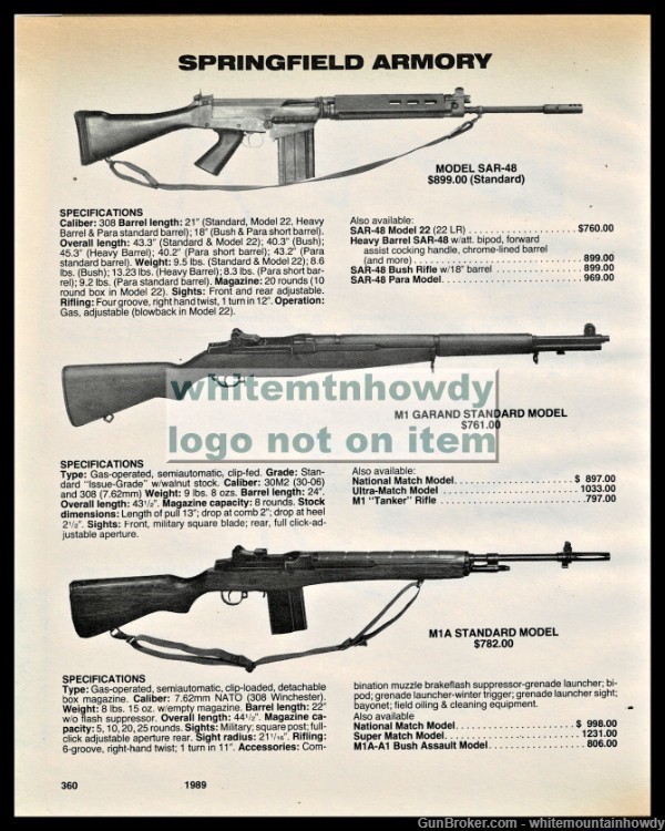 1989 SPRINGFIELD SAR-48, M1 Garand, M1A Standard Model Rifle PRINT AD-img-0