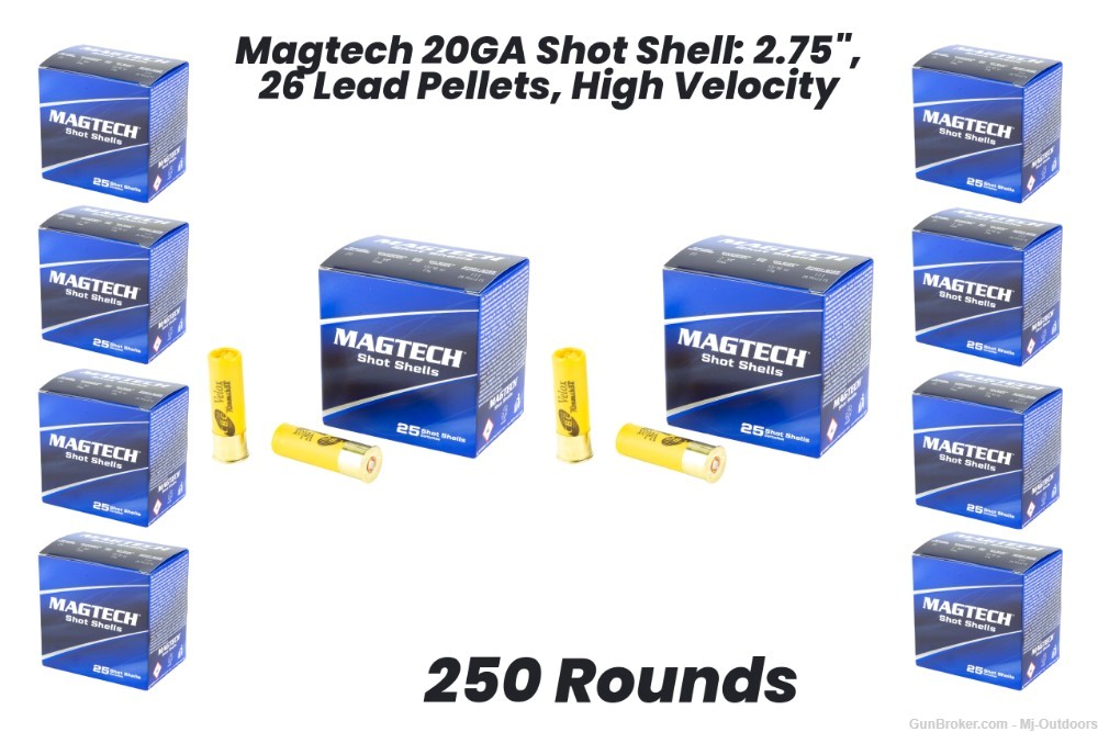 Magtech 20GA Shot Shell: 2.75", 26 Lead Pellets, High Velocity 250rds-img-0