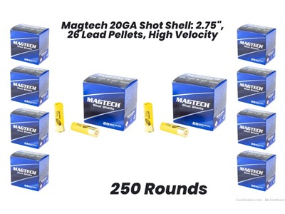 Magtech 20GA Shot Shell: 2.75", 26 Lead Pellets, High Velocity 250rds