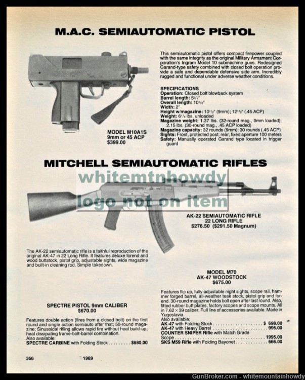 1989 MAC Model M10A1S Pistol & MITCHELL AK-22 Rifle w/M70 AK-47 PRINT AD-img-0