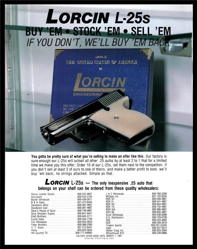 1991 LORCIN L-25s Pistol Dealer Promo Print AD-img-0