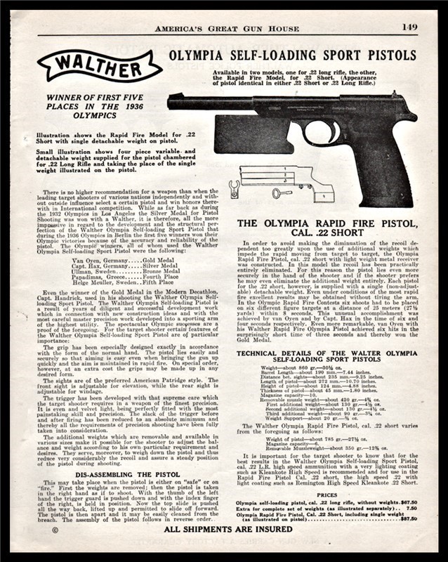 1940 WALTHER Olympia Sport Pistol PRINT AD-img-0