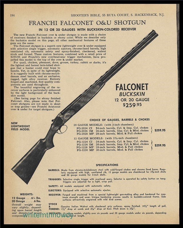 1969 FRANCHI Falconet Buckskin OU Shotgun PRINT AD-img-0