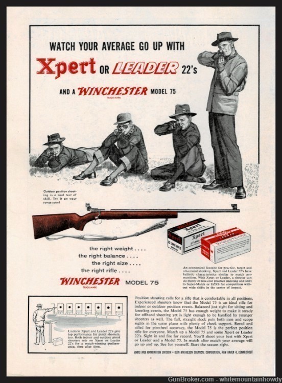 1955 WINCHESTER 75 Bolt Action 22 Rifle PRINT AD w/ Xpert,Leader Ammuni-img-0