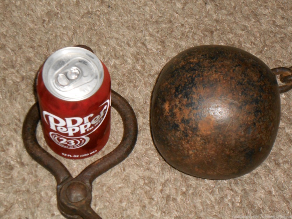 Antique 18th Century Prisoner's Iron Ball & Chain With Ankle Cuff Shackles -img-2