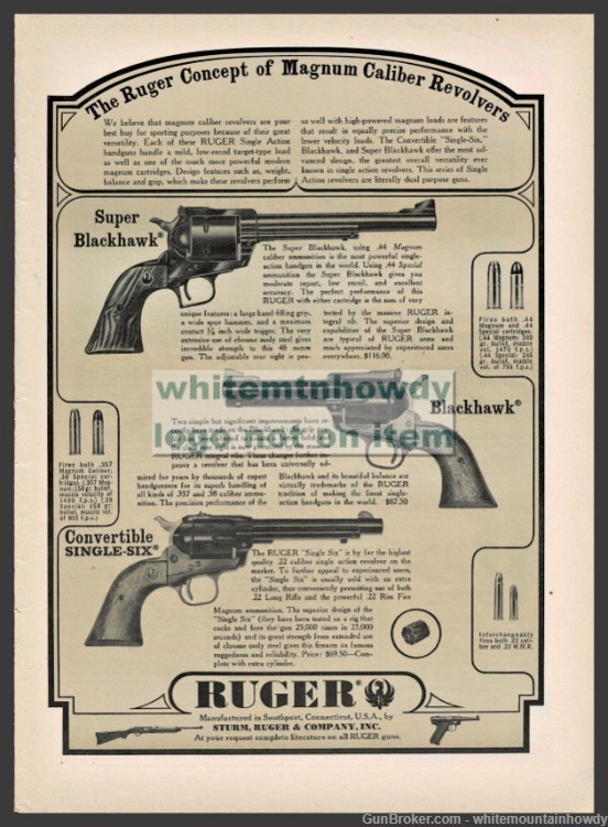 1963 RUGER Super Blackhawk Convertible Single Six Revolver PRINT AD-img-0