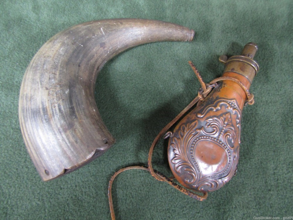 Antique Buffalo Powder Horn and “American” Flask -img-0