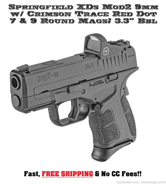Springfield Armory XDs Mod2 OSP 9mm w/ Crimson Trace Red Dot Sight 9+1 Cap.-img-0