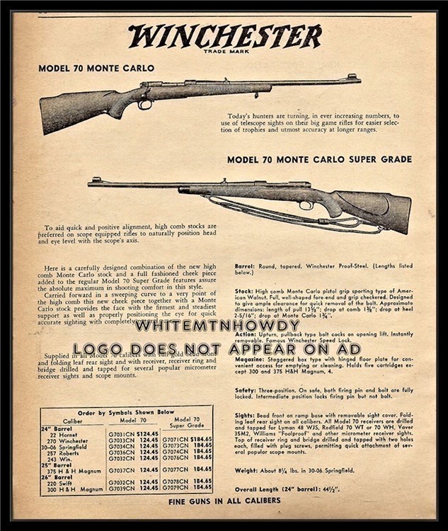 1957 WINCHESTER Model 70 Monte Carlo Rifle PRINT AD-img-0