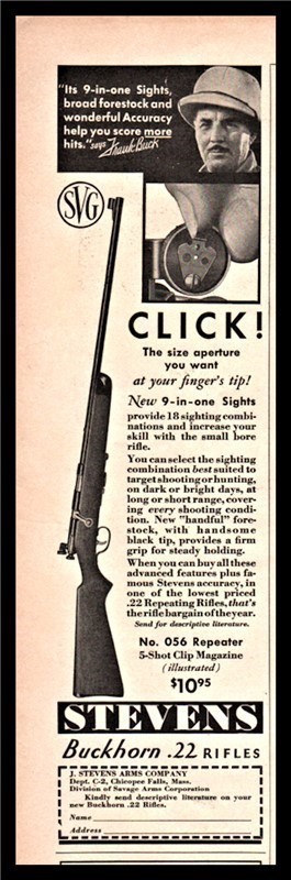 1936 STEVENS Buckhorn .22 No. 056 Rifle PRINT AD-img-0