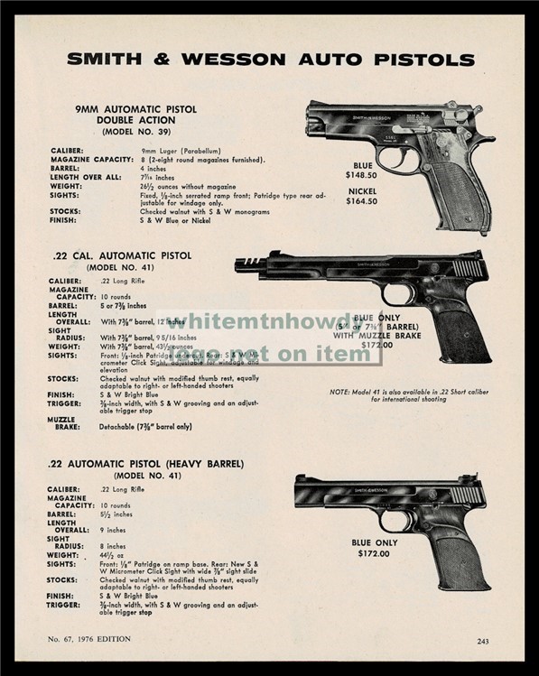 1976 SMITH & WESSON 39 9mm DA 41 .22 Automatic Pistol AD-img-0