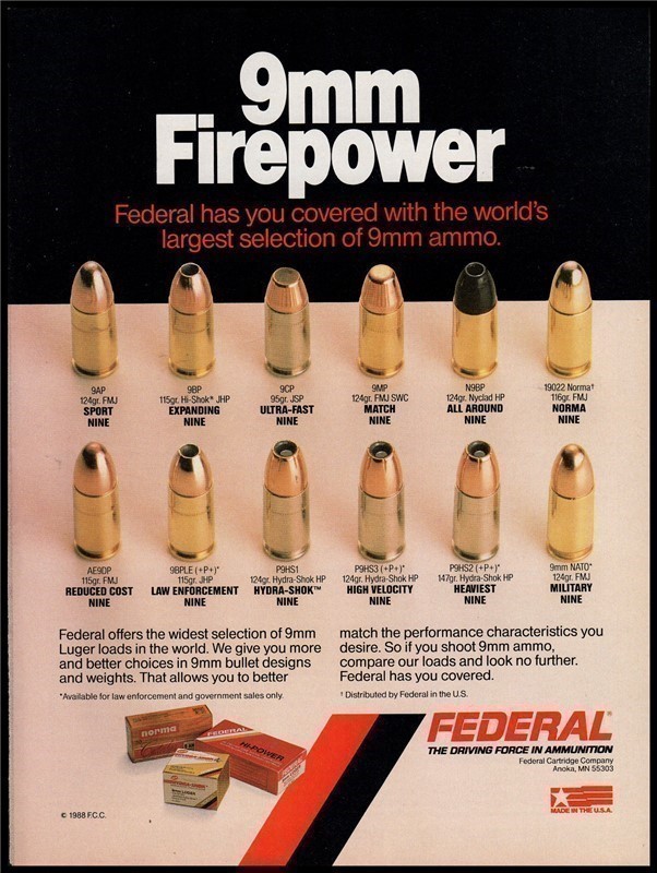 1988 FEDERAL 9mm Ammunition Vintage PRINT AD-img-0