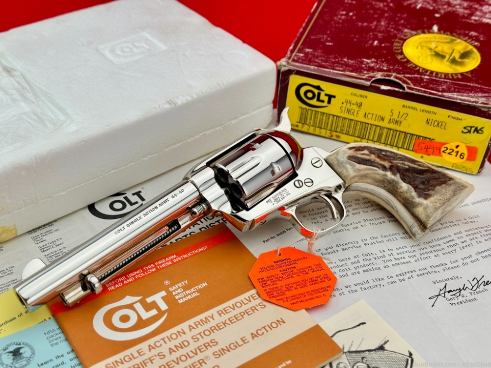 UNTURNED 1989 Colt SAA 5 1/2" Nickel 44-40 WIN *FACTORY RED STAGS* NIB!-img-0
