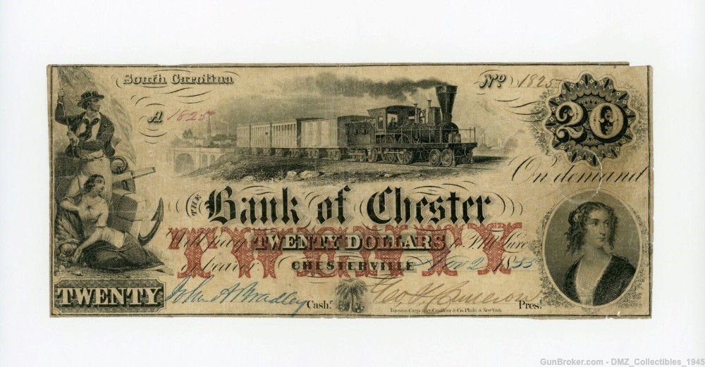 1850s $20 Dollar South Carolina Bank Note Money Antique Currency-img-0