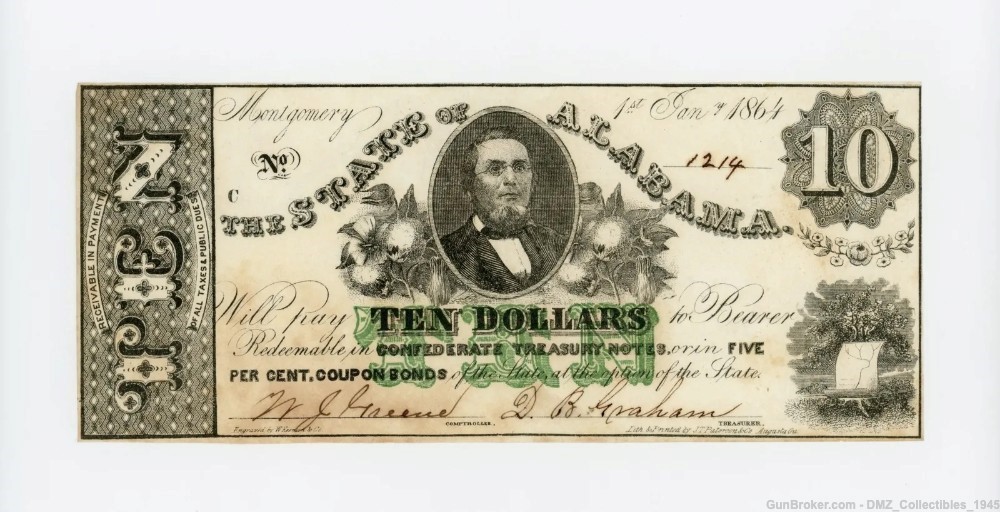 Civil War $10 Alabama Note Money Currency-img-0