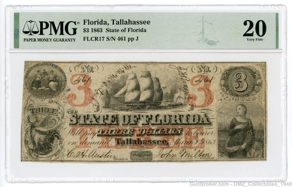 Civil War Era $3 Florida State Note Antique Currency Money Graded-img-0