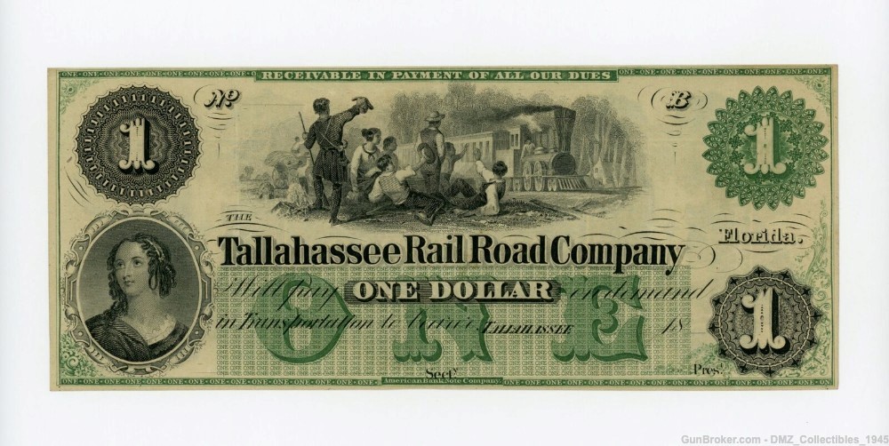 1800s $1 The Tallahassee Rail Road Company Florida Note Money Currency-img-0