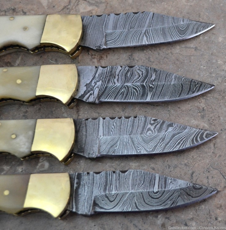 Damascus Steel Set of 4 Back LocK Pocket Knives Fossil Bone Handle(LT FK B)-img-6