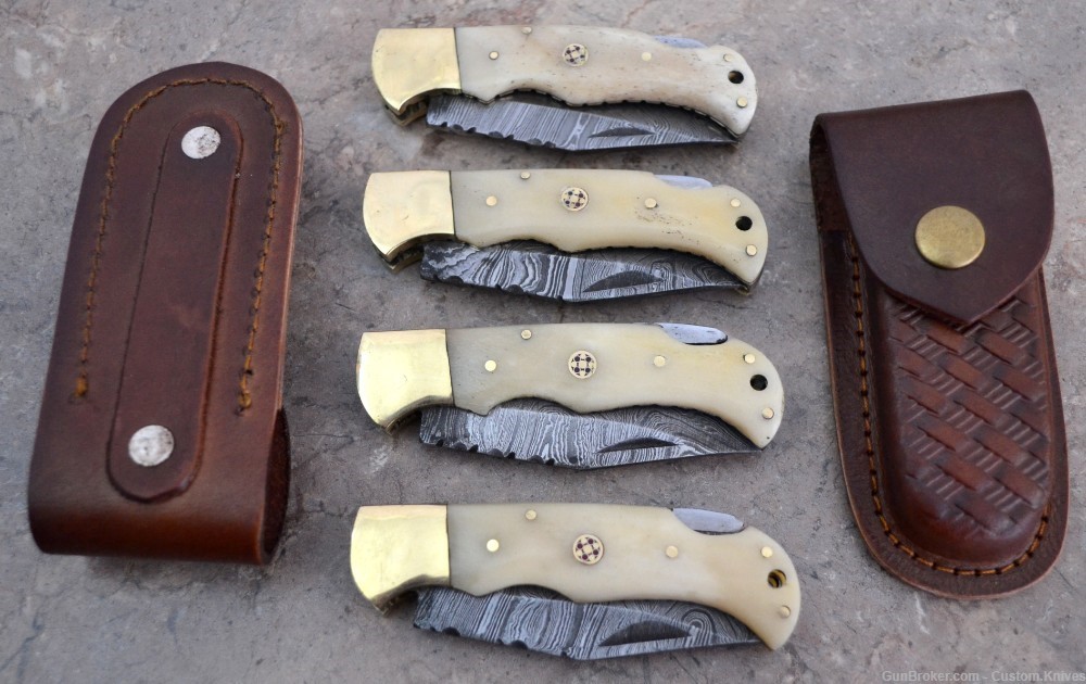 Damascus Steel Set of 4 Back LocK Pocket Knives Fossil Bone Handle(LT FK B)-img-0