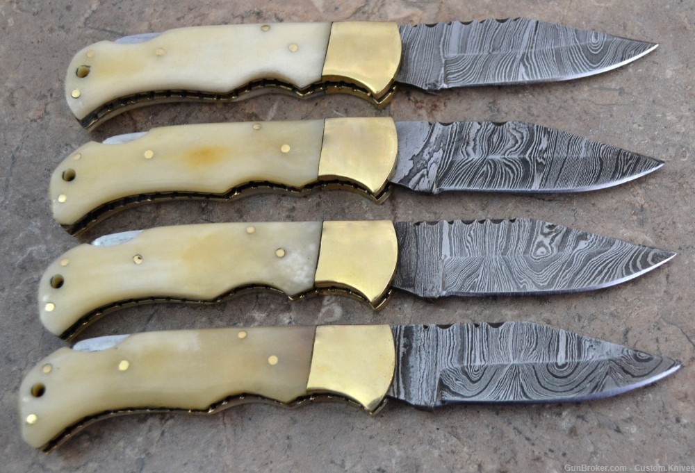 Damascus Steel Set of 4 Back LocK Pocket Knives Fossil Bone Handle(LT FK B)-img-5