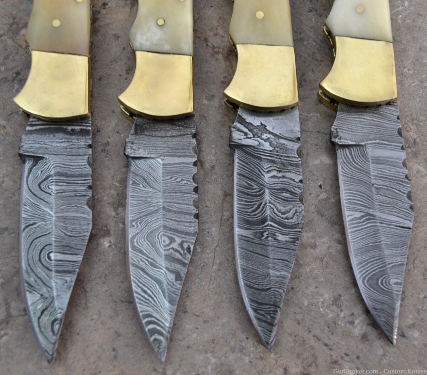Damascus Steel Set of 4 Back LocK Pocket Knives Fossil Bone Handle(LT FK B)-img-7