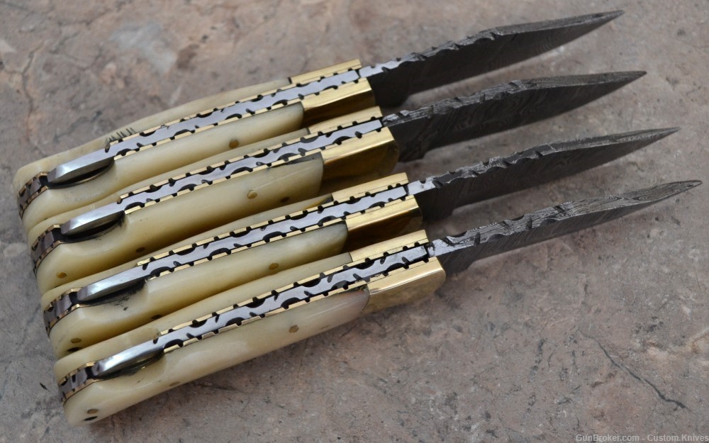 Damascus Steel Set of 4 Back LocK Pocket Knives Fossil Bone Handle(LT FK B)-img-8
