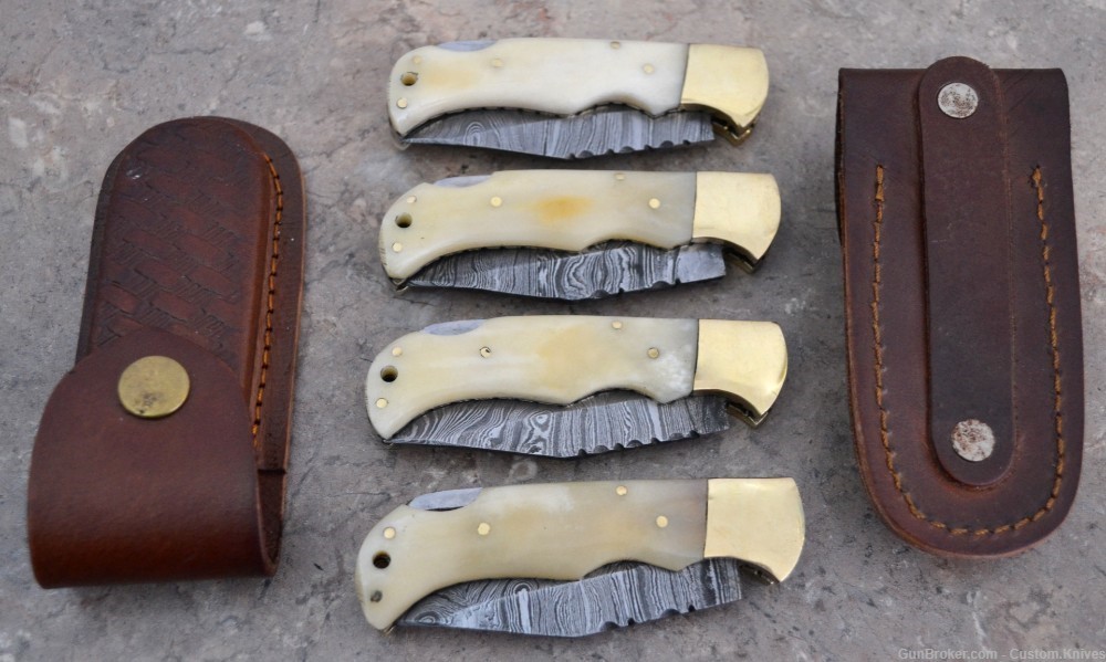 Damascus Steel Set of 4 Back LocK Pocket Knives Fossil Bone Handle(LT FK B)-img-1