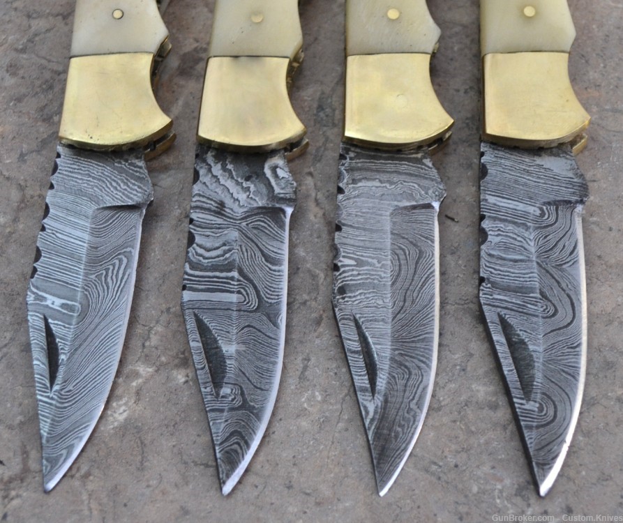 Damascus Steel Set of 4 Back LocK Pocket Knives Fossil Bone Handle(LT FK B)-img-4