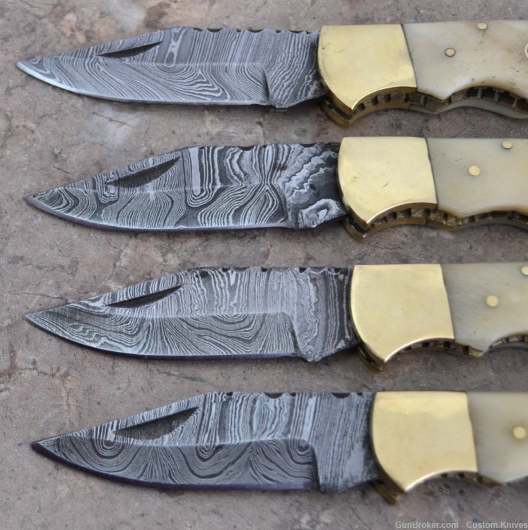 Damascus Steel Set of 4 Back LocK Pocket Knives Fossil Bone Handle(LT FK B)-img-3