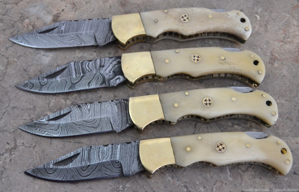 Damascus Steel Set of 4 Back LocK Pocket Knives Fossil Bone Handle(LT FK B)-img-2