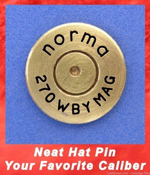 Norma Brass  270 Wby Mag Weatherby Cartridge Hat Pin, Tie Tac Ammo Bullet-img-0