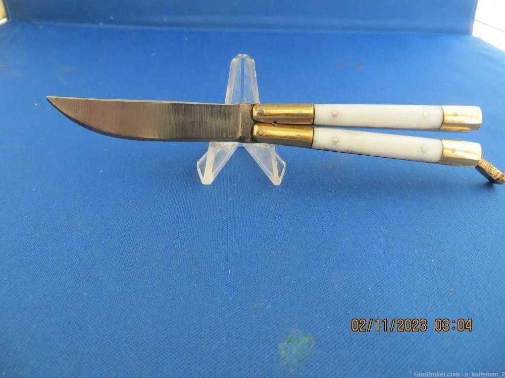 Vintage Philippine Handmade Butterfly Knife White Scales-img-0
