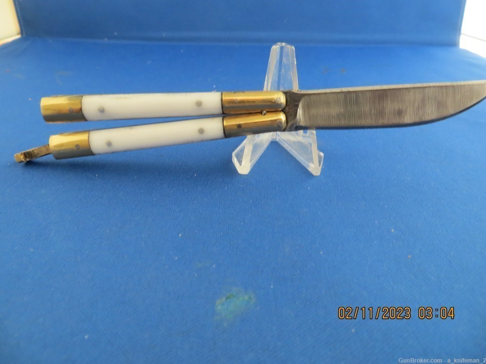 Vintage Philippine Handmade Butterfly Knife White Scales-img-3