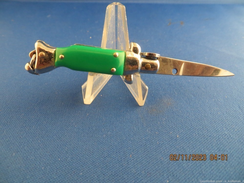 Vintage Mini Switchblade Knife Keychain Green Scales-img-1
