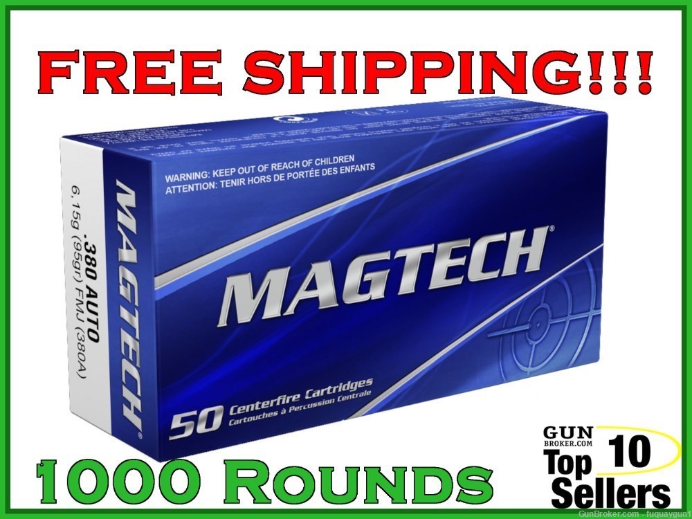 Magtech 380ACP FMJ Brass 95gr Ammo 380A 1000 ROUND CASE FREE SHIPPING!-img-0