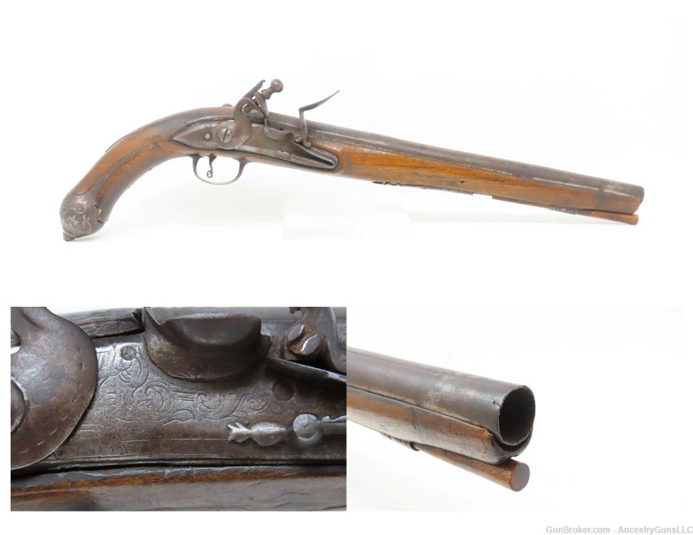 ENGRAVED 1700s Antique EUROPEAN FLINTLOCK 62 Caliber Martial Pistol Sidearm-img-0