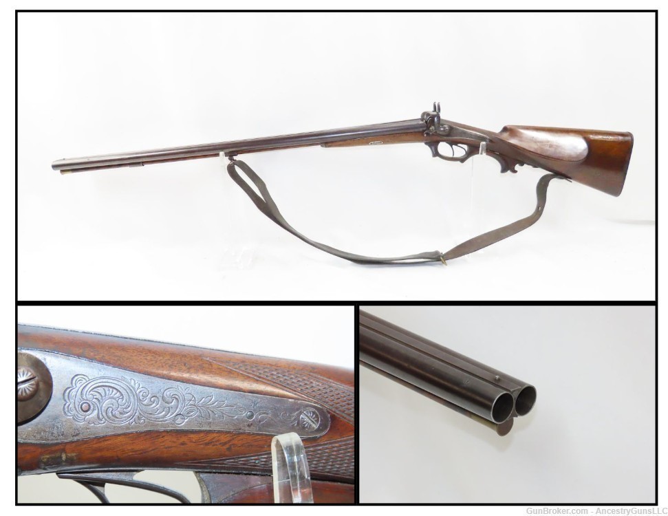 1800s ENGRAVED Antique German Percussion Back Action SxS 16 Gauge Shotgun  -img-0