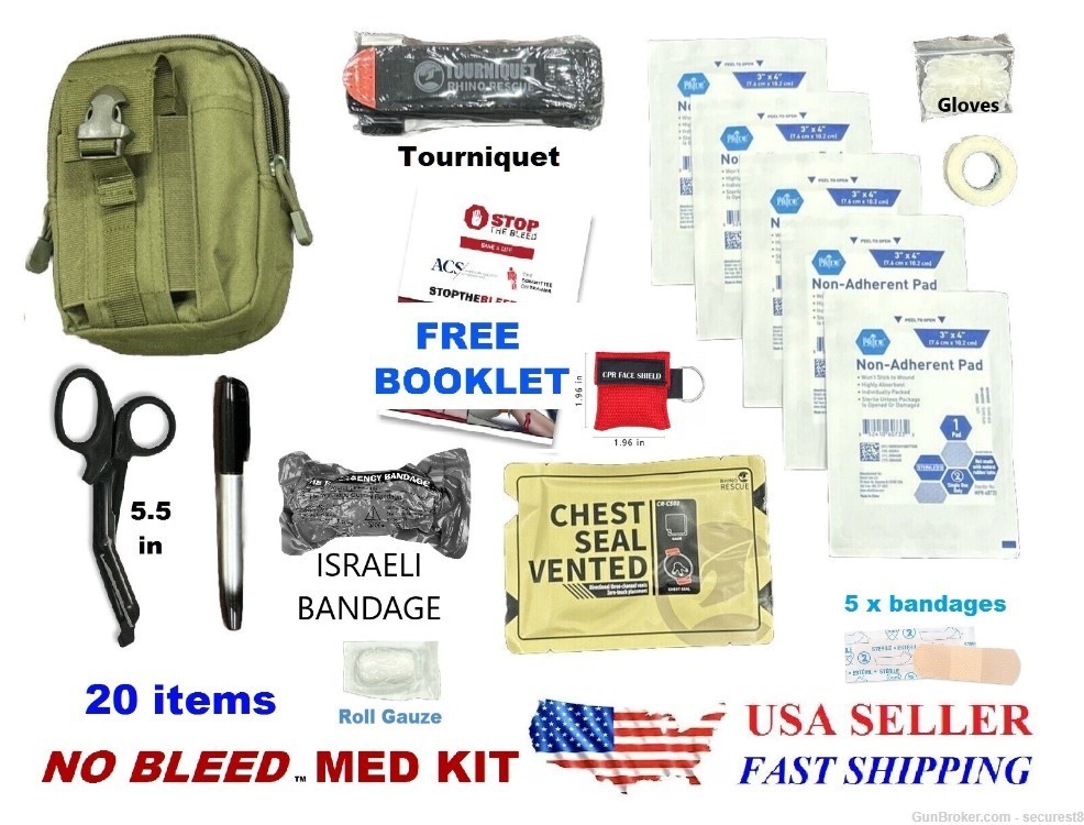 NO BLEED MED KIT 20 ITEM first aid TOURNIQUET chest seal ISRAELI BANDAGE-img-0