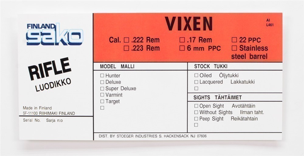 Sako Vixen L461 AI Rifle Stoeger Import Vintage Box Label-img-0