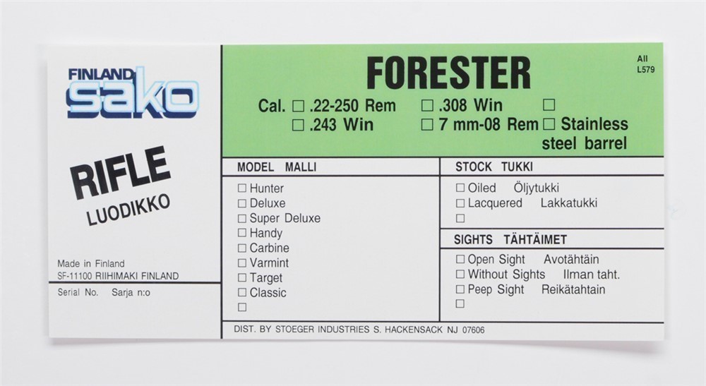 Sako Forester L579 AII Rifle Stoeger Import Vintage Box Label-img-0