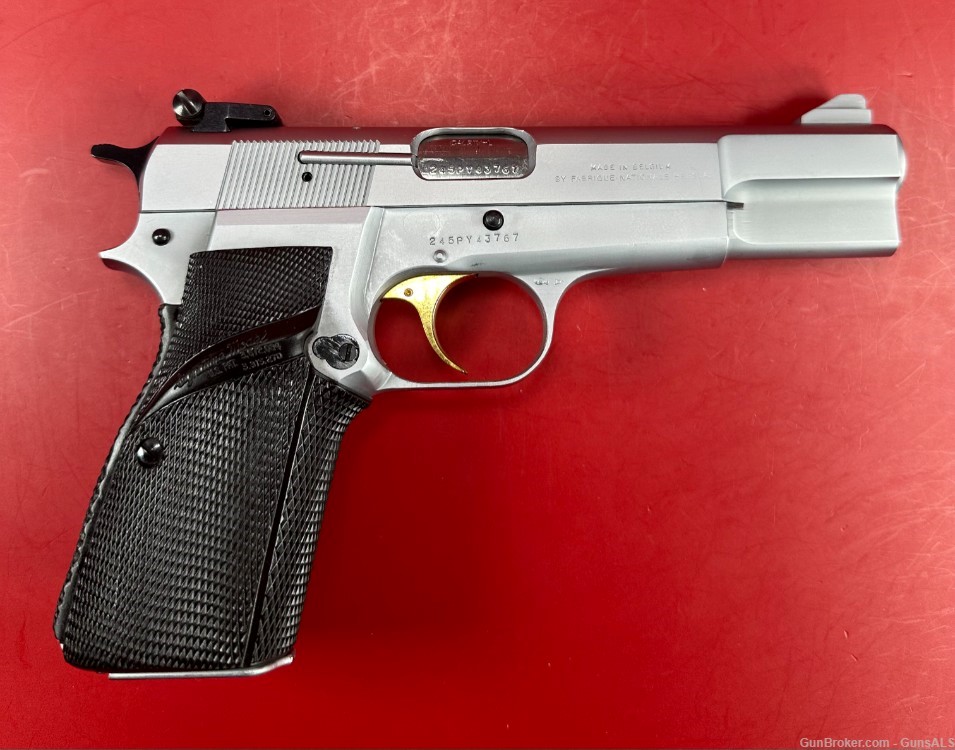 Browning Hi power, Silver Chrome, Gold Trigger, Adj Sights, 9mm Excellent -img-0