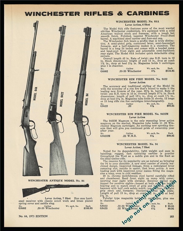 1973 WINCHESTER Model 64A 9422 94 Lever Action Rifle Carbine PRINT AD-img-0