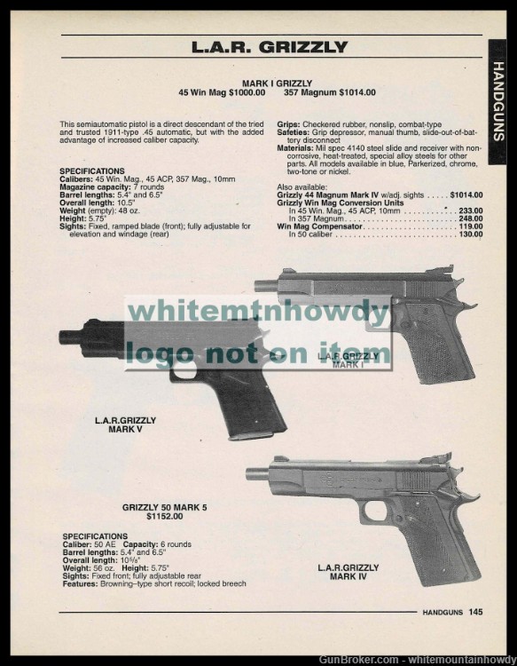 1998 L.A.R. GRIZZLY Mark I, 5 and IV Pistol Original PRINT AD-img-0