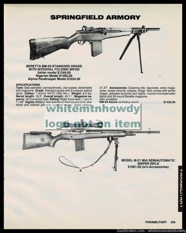 1989 SPRINGFIELD ARMORY BERETTA BM-59 and M21 M1A Sniper Rifle PRINT AD-img-0