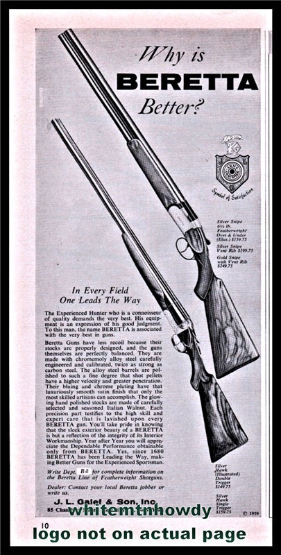 1959 BERETTA Silver & Gold Snipe Shotgun PRINT AD-img-0